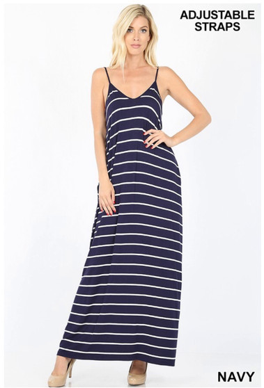 STRIPED V-NECK CAMI MAXI DRESS WITH POCKETS 