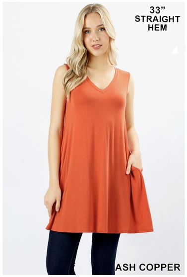 V-NECK SLEEVELESS STRAIGHT HEM LONGLINE FLARED TUNIC AVAILABLE IN 2 COLORS