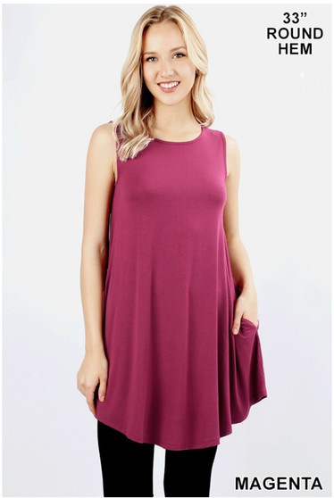 SCOOP NECK ROUND HEM FLARED TUNIC WITH POCKETS 2 COLORS AVAILABLE