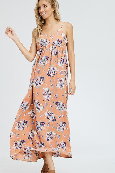 BLUSHING HEART Floral V-Neck Spaghetti Strap Maxi Length Sun Dress