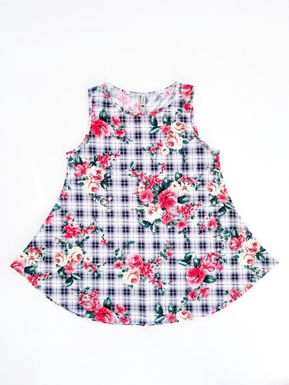 POMELO Plus Size Plaid & Floral Print Full Cut Round Hemline Tank Top
