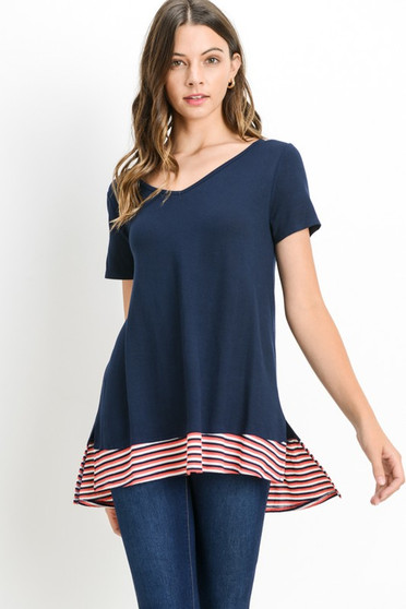 Short Sleeve Solid Open Back Top with Striped Bottom