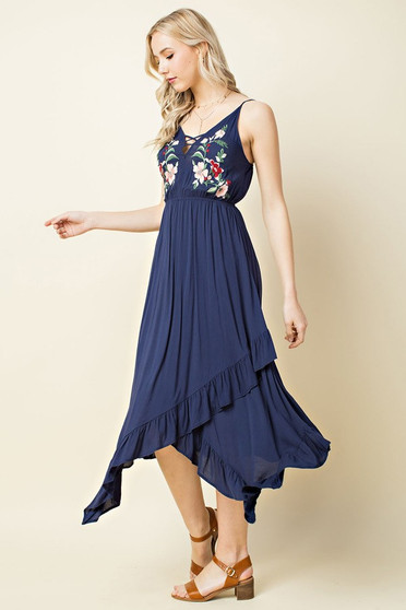BLUSHING HEART EMBROIDERED ASYMMETRICAL RUFFLE MIDI DRESS WITH SPAGHETTI STRAPS