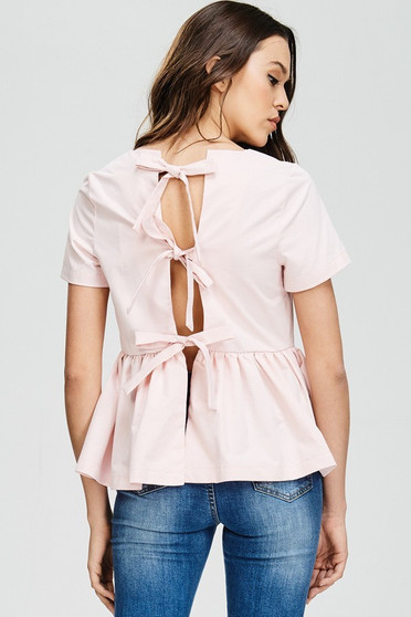 BLUSHING HEART Short Sleeve Peplum Top with Three Ties in Back 