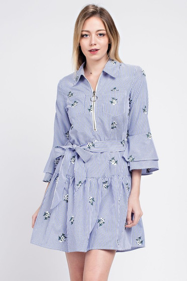 Striped Floral Embroidered Dress 3/4 Bell Sleeve & Zip Front