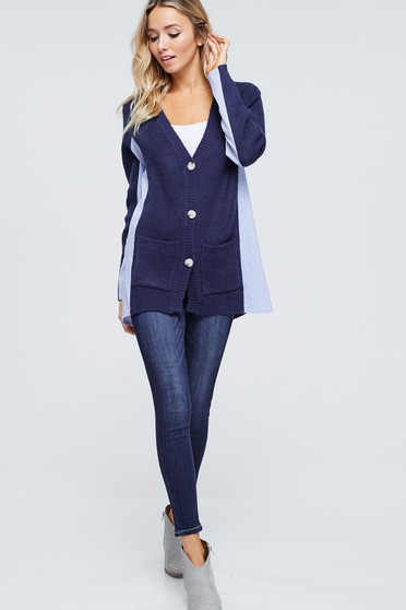 Long Sleeve Sweater Knit Cardigan With Stripe