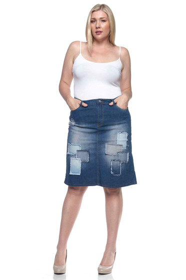 BE GIRL Stretch Denim Knee Length Skirt with Patches