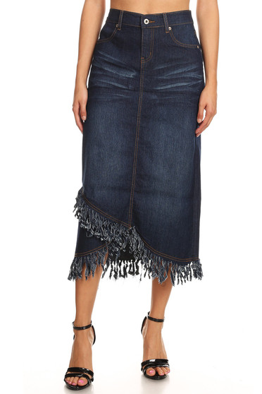 BE GIRL Stretch Denim Midi Skirt with Fringe Hem