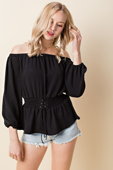BLUSHING HEART OFF SHOULDER 3/4 SLEEVE SMOCKED CORSET WAIST TIE TOP 
