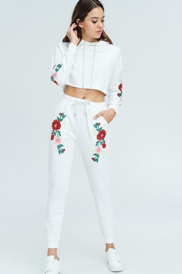 BLUSHING HEART Floral Embroidered Detail Set - Matching Hoodies and Joggers