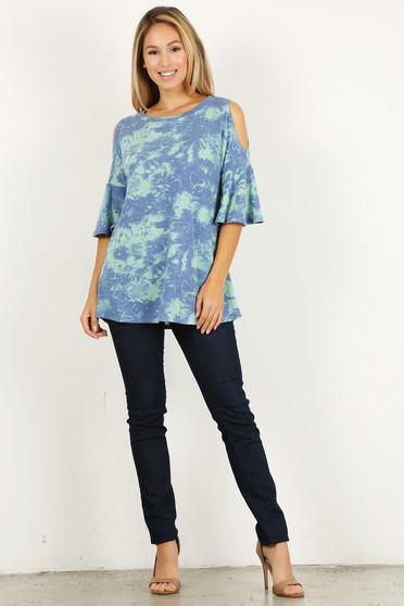 NALGAE WING Plus Size Cold Shoulder Tie Dye Short Sleeve Tunic  Top with Bell Sleeve