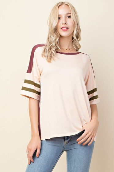 BLUSHING HEART Color Blocked Colligate Stripe Tee Oversized Fit