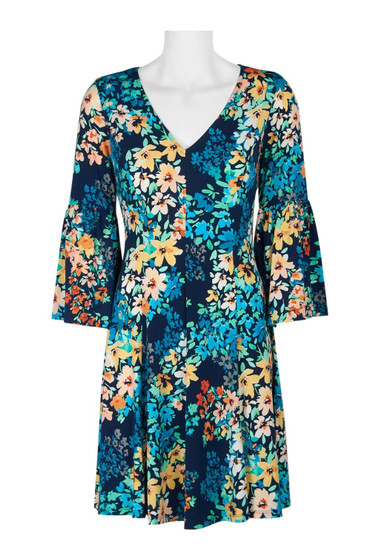 London Times V-Neck Circular Flounce Sleeve Floral Print Flared Jersey Dress