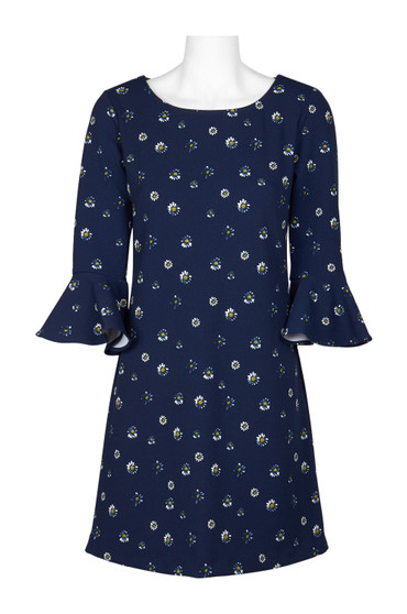 Nina Leonard Boat Neck Circular Flounce Sleeve Zipper Back Stretch Crepe Dress