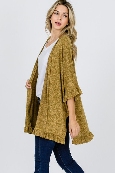 RED LOLLY Loose Fit Oversized Cardigan with Ruffle Detail in Mustard