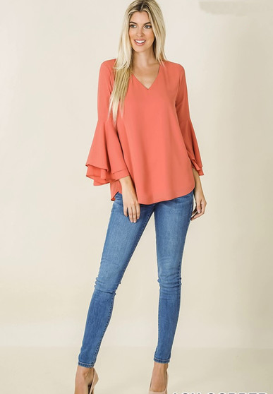 WOVEN DOBBY DOUBLE LAYER BELL SLEEVE TOP 