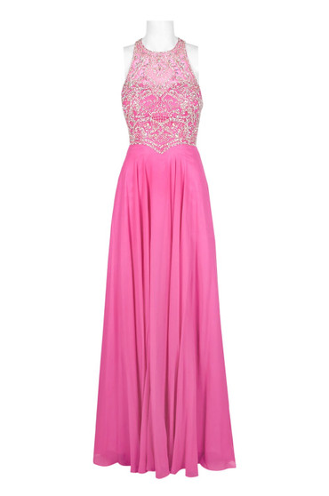 Dave & Johnny Halter Neck Cutout Back Embellished Bodice Chiffon Dress