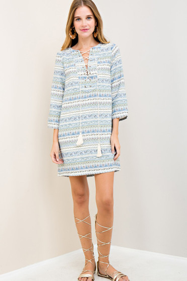 ENTRO Printed Shift Dress with Tie neck