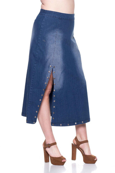 BE GIRL Stretch Denim Maxi Skirt With Front Slit and Studs Embellishment