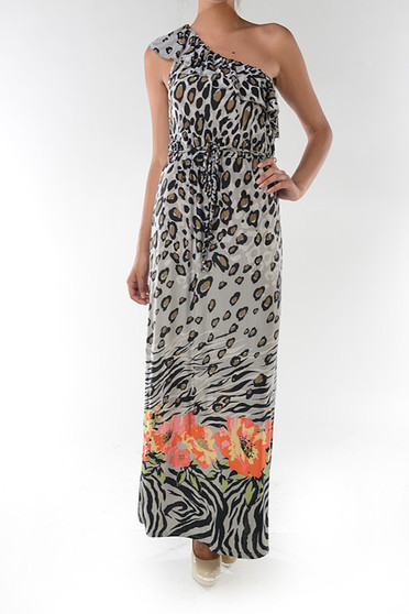 One Shoulder Tropical Print Maxi Dress