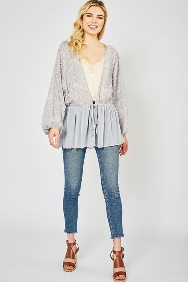 ENTRO Textured Peplum Cardigan Top with a Draw String Closure 