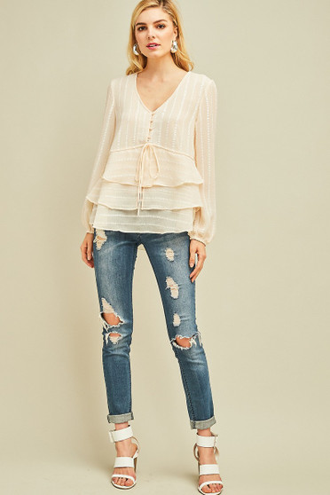 ENTRO Striped Peplum Top Featuring a Ruffled Hem