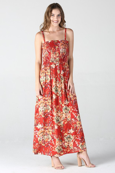 ANGIE SMOCKED BODICE BUTTON TRIM MAXI DRESS