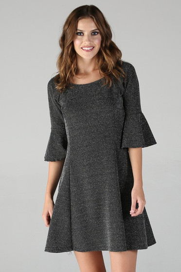 ANGIE SPARKLE KNIT BELL SLEEVE FIT AND FLARE DRESS