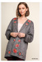 Floral Embroidered Open Front Faux Suede Jacket with Cuffed Long Sleeves