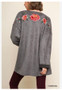 Floral Embroidered Open Front Faux Suede Jacket with Cuffed Long Sleeves
