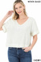 WOVEN GAUZE SHORT CUFF SLEEVE V-NECK TOP