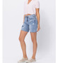 JUDY BLUE HIGH WAISTED MID LENGTH DENIM PATCH SHORTS