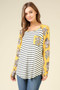 BE STAGE Striped Raglan Sleeve Top with Floral Sleeves