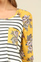 BE STAGE Striped Raglan Sleeve Top with Floral Sleeves
