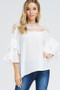 BLUSHING HEART Tiered Ruffle Sleeve Top with Crochet Neck Line Off White