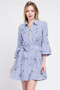 Striped Floral Embroidered Dress 3/4 Bell Sleeve & Zip Front
