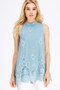 ENTRO Lace Mock-Neck Top Featuring Scalloped Hem and Tie Closure