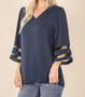 WOVEN DOBBY MESH PANEL 3/4 BELL SLEEVE V-NECK TOP