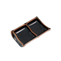 2 Compartment Glossy Black Plate with Brown Trim 5.79" x 3.66"