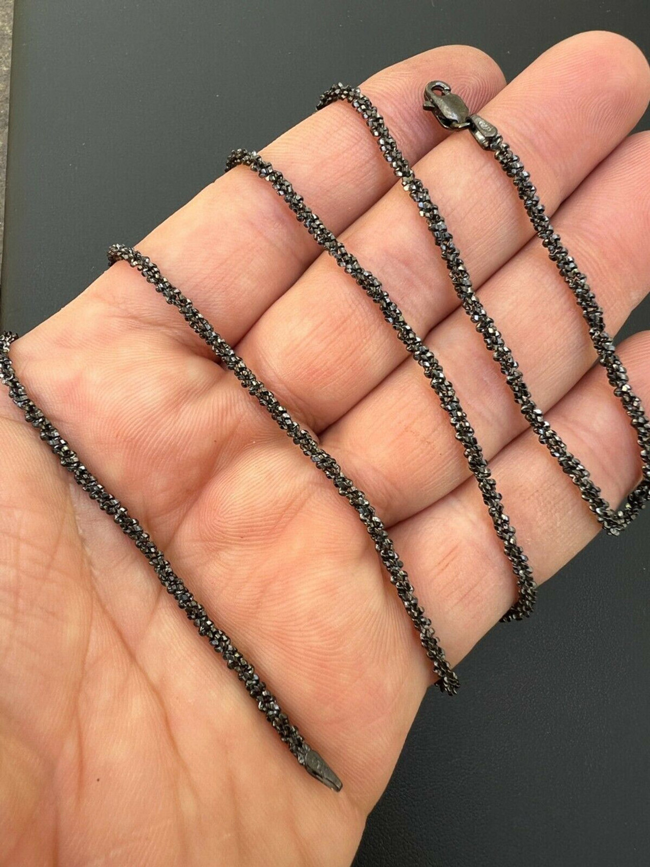 Black Rhodium Real 925 Silver Twisted Rock Sparkle Rope Chain Necklace