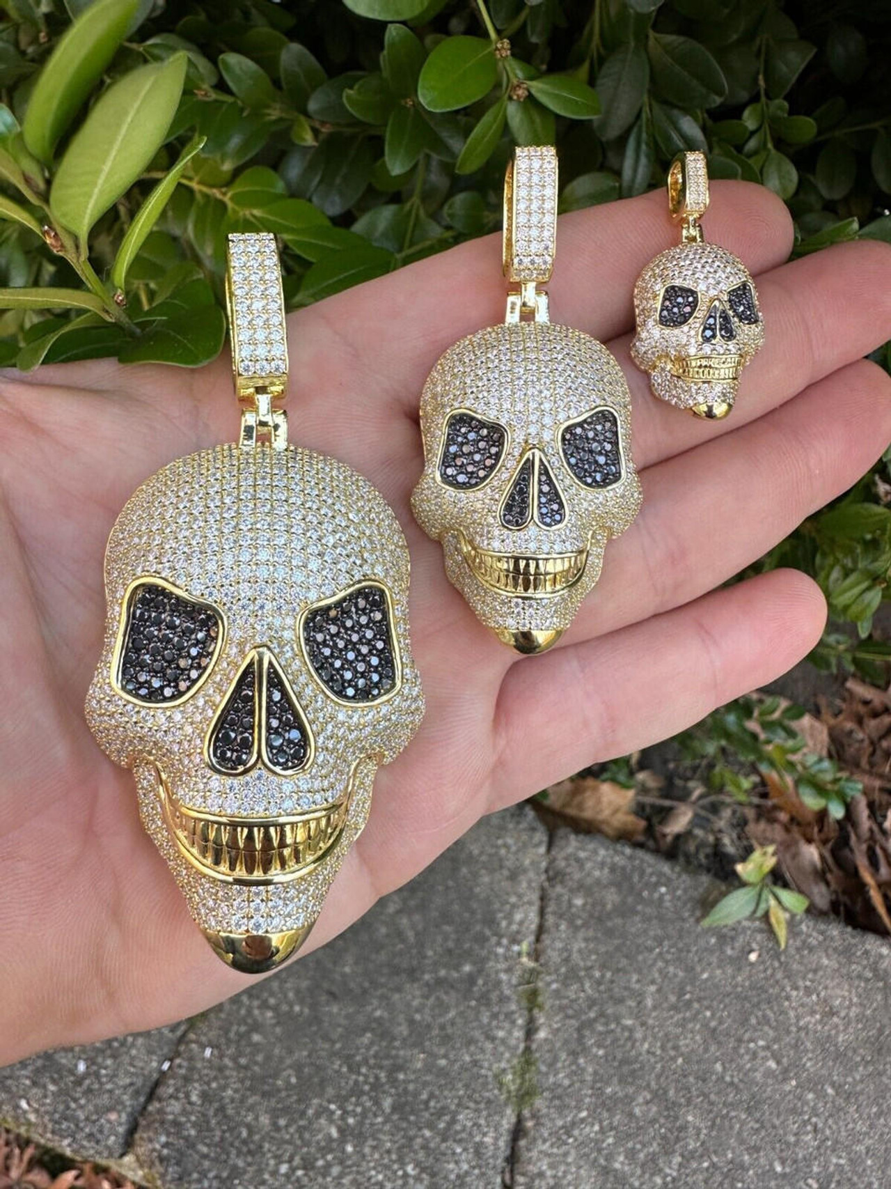 MOISSANITE Skull Iced Fully 3D Hip Hop Pendant Necklace 14k Gold Over ...
