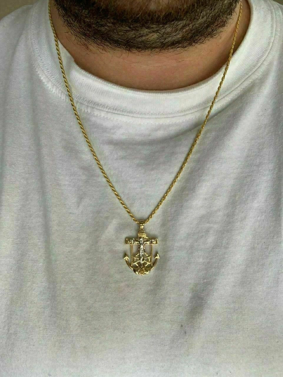 【STING925】Jesus Piece Pendant Anchor chain 3mm 56cm Men's 14k Gold Over Solid 925 Silver Jesus Crucifix & Anchor