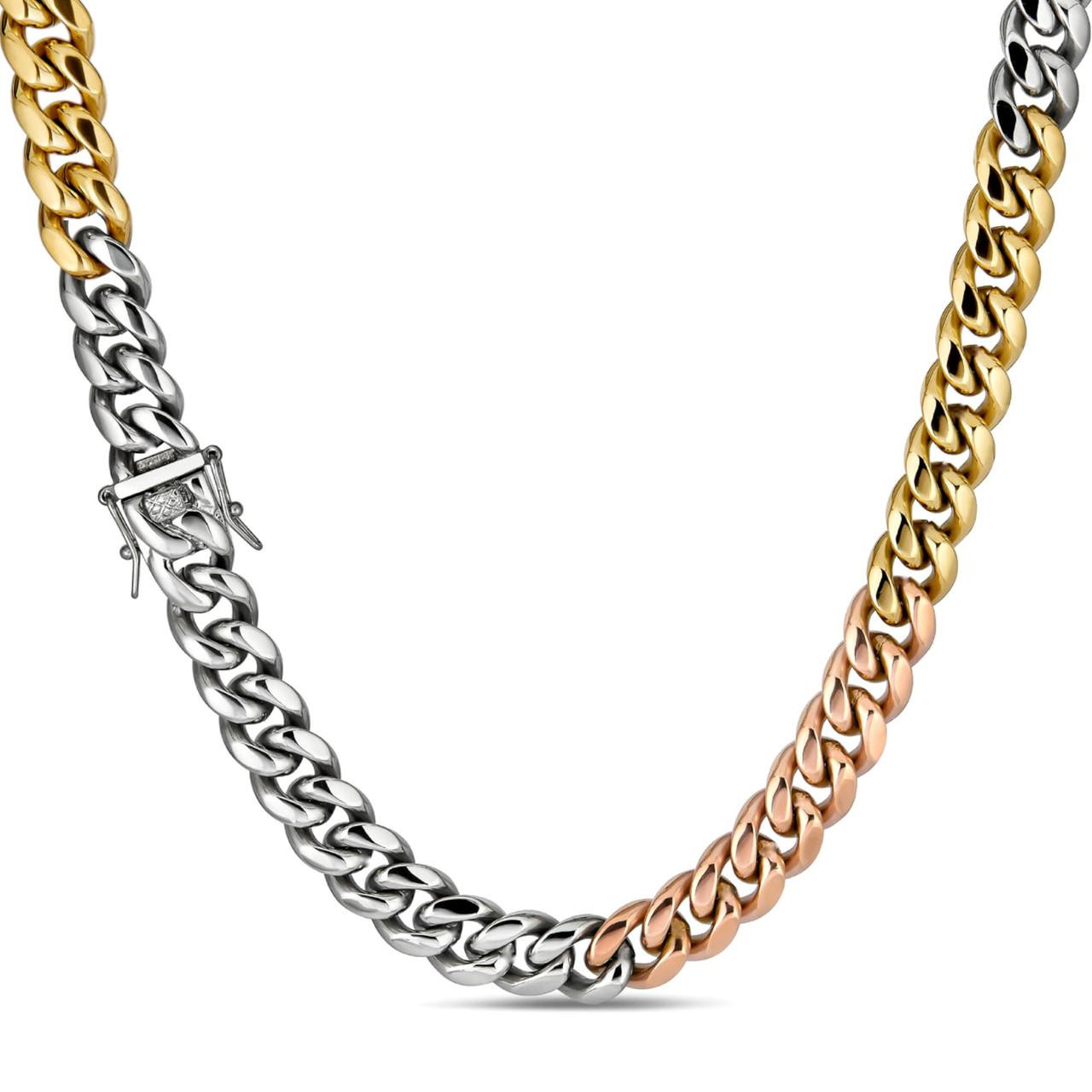 12mm Men's Miami Cuban Link Chain Tri Color Real Gold Over