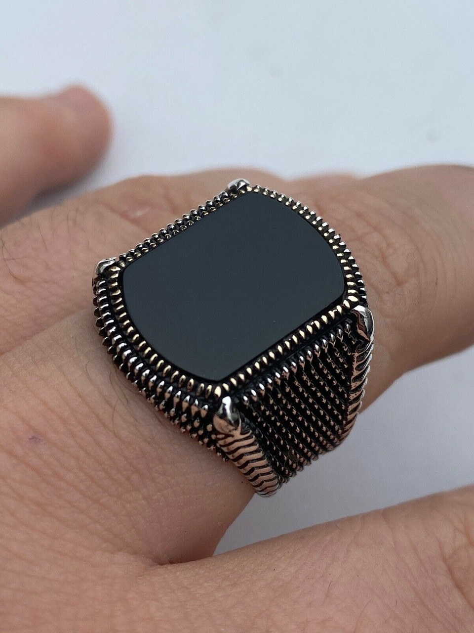 Mens Real 10k Gold & 925 Sterling Silver Black Onyx LARGE Ring Sz