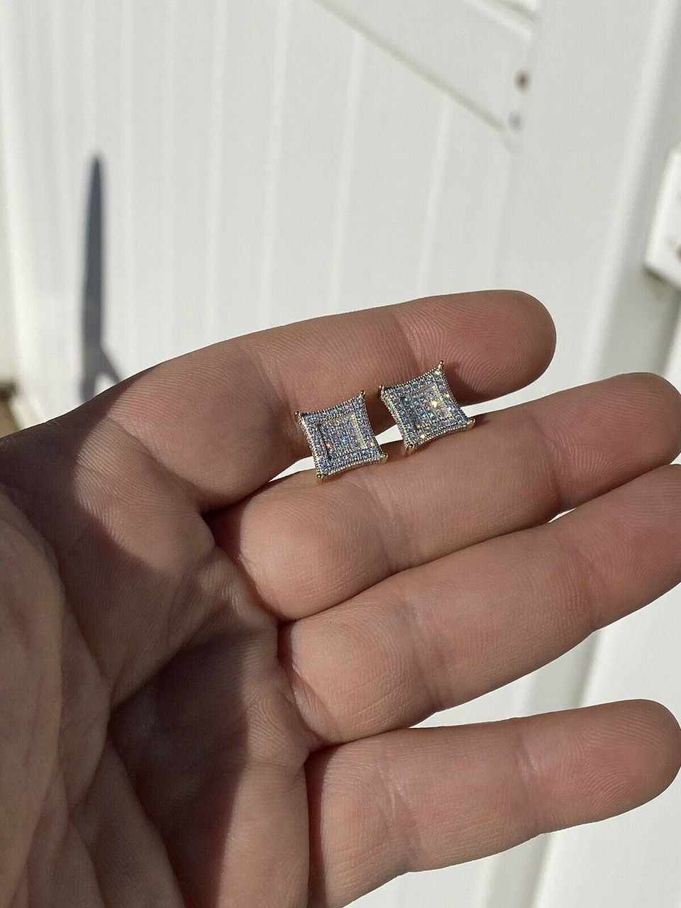 10K White Gold Men's Hip Hop Stud Earrings - 0.05ct Round Diamond Kite Shape Iced Earrings - View #13