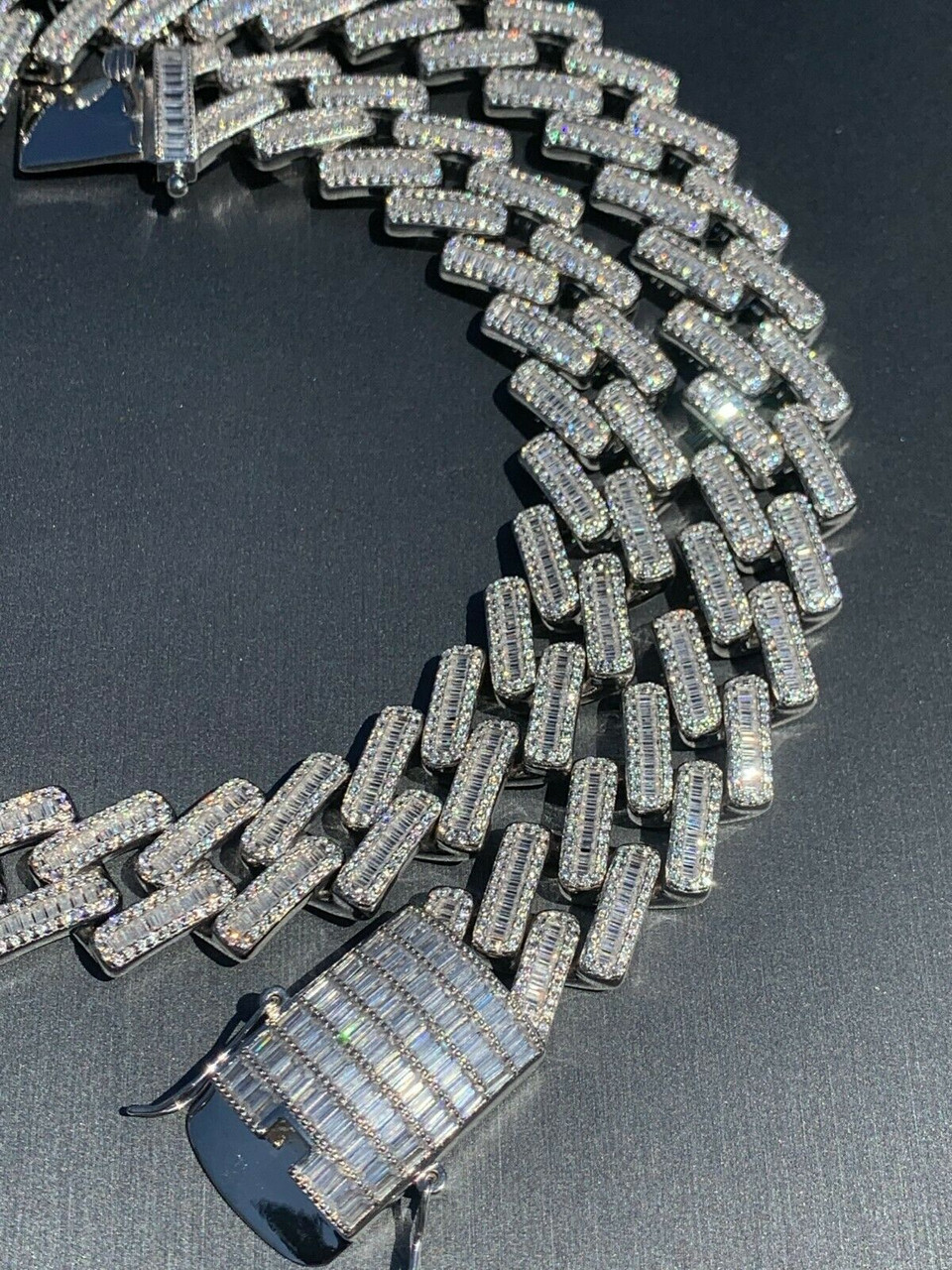 Mens 18mm Baguette Prong Cuban Chain Solid 925 Silver 18