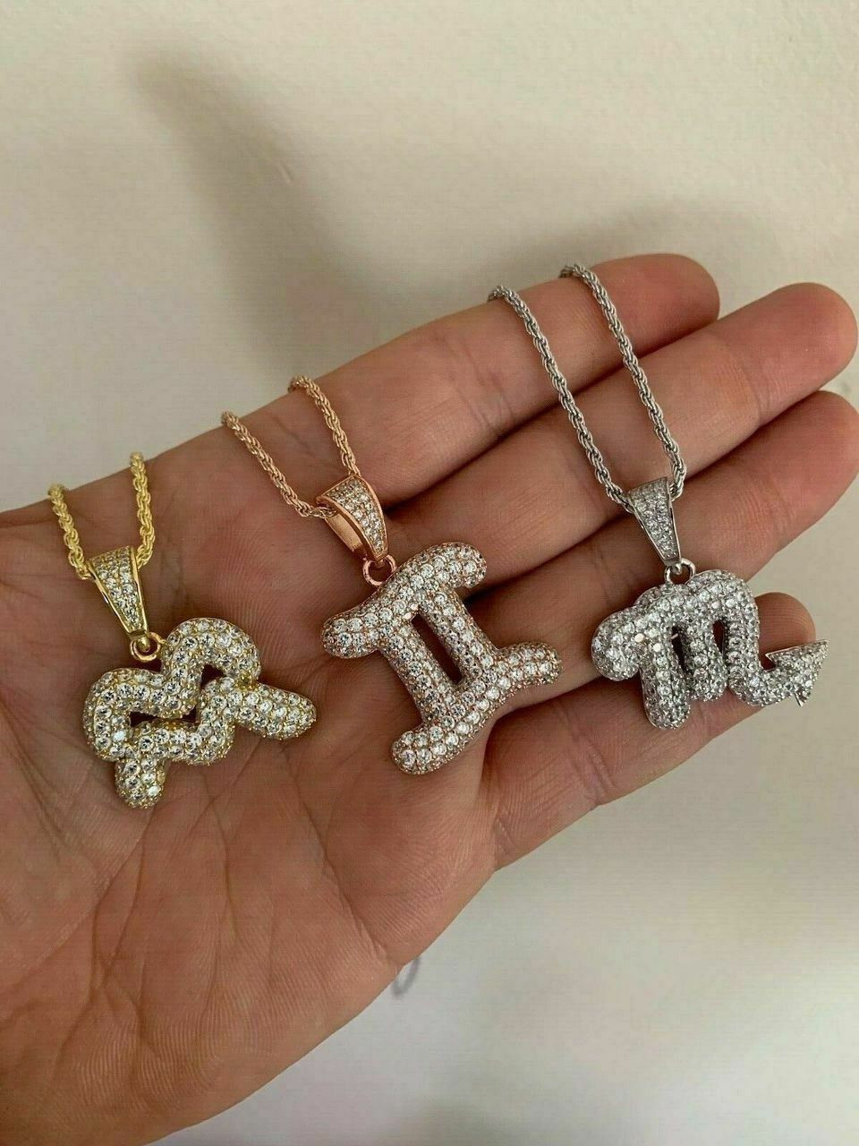 Solid 925 Silver Iced Diamond Zodiac Astrology Sign Pendant