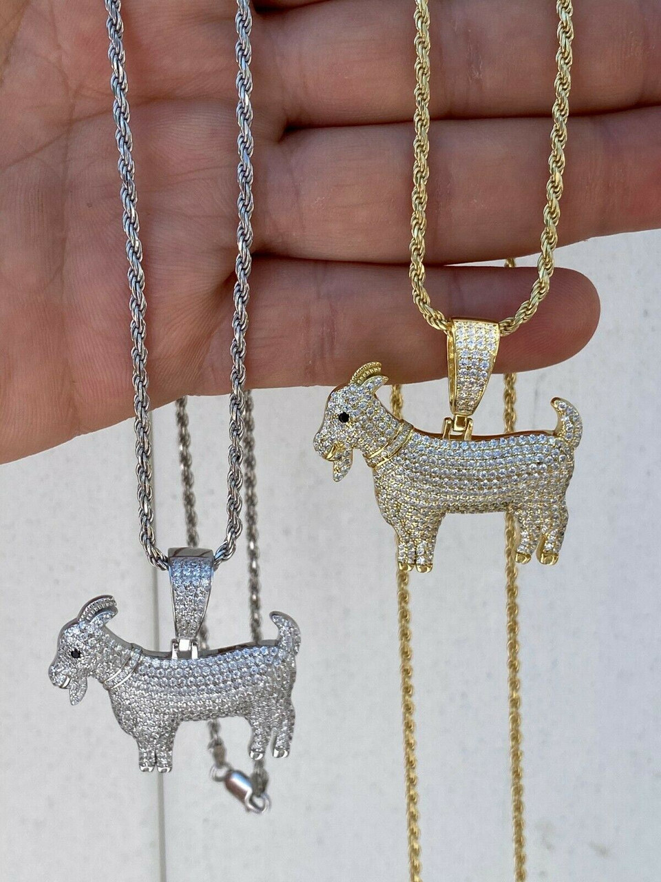 Real Solid 925 Sterling GOAT Pendant Bling Necklace Iced Gold
