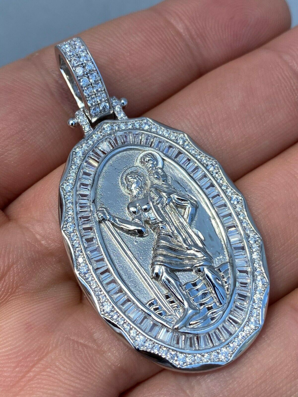 925 Sterling Silver St Christopher Necklace Pendant Iced