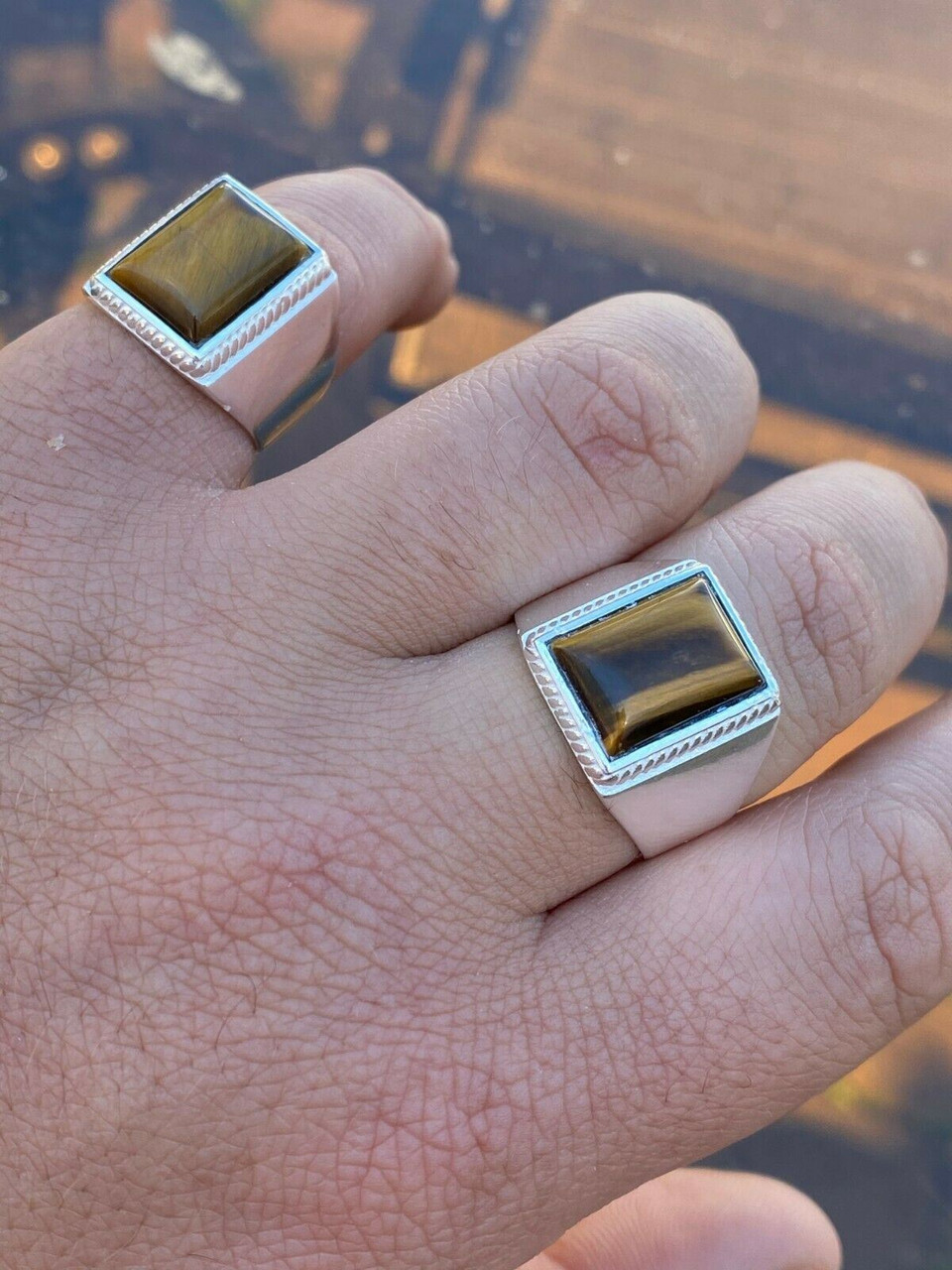 Real Mens Solid 925 Sterling Silver Tiger's Eye Signet Ring